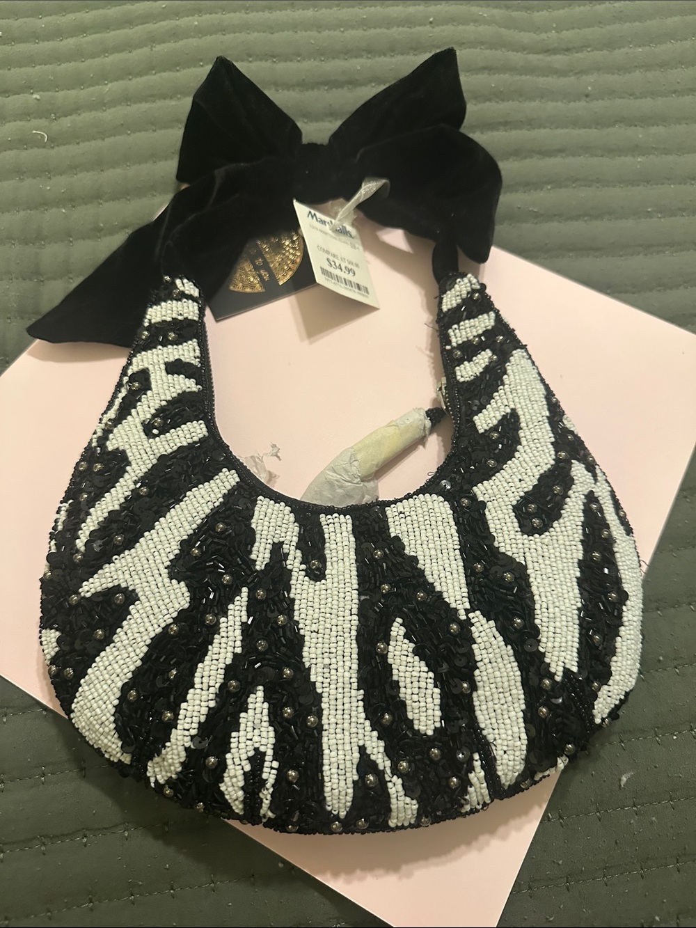 Black and White Beaded Zebra-Pattern Bag
